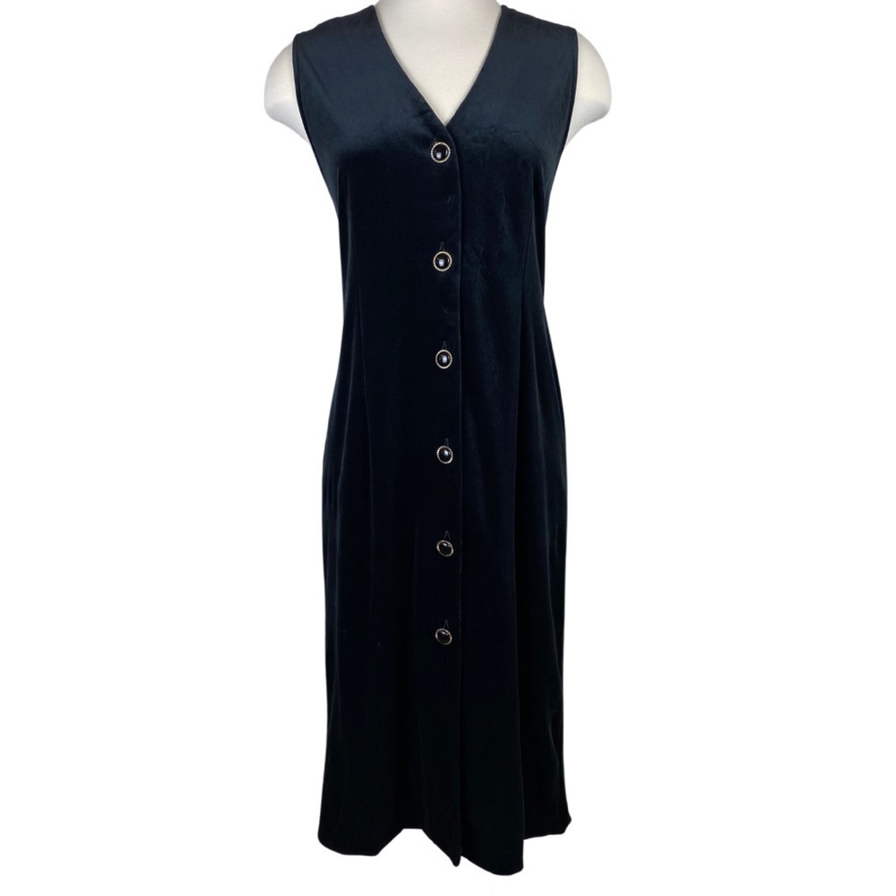 Vintage Whirlaway Frocks Black Velour Button-Down Sleeveless Dress, Size 14P
